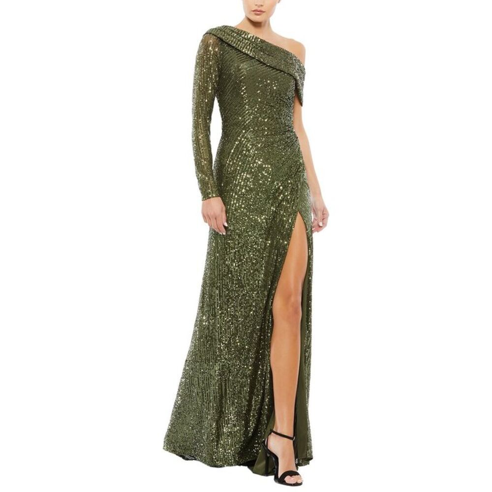 Mac Duggal Womens Sequined Drop Shoulder Faux Wrap Gown